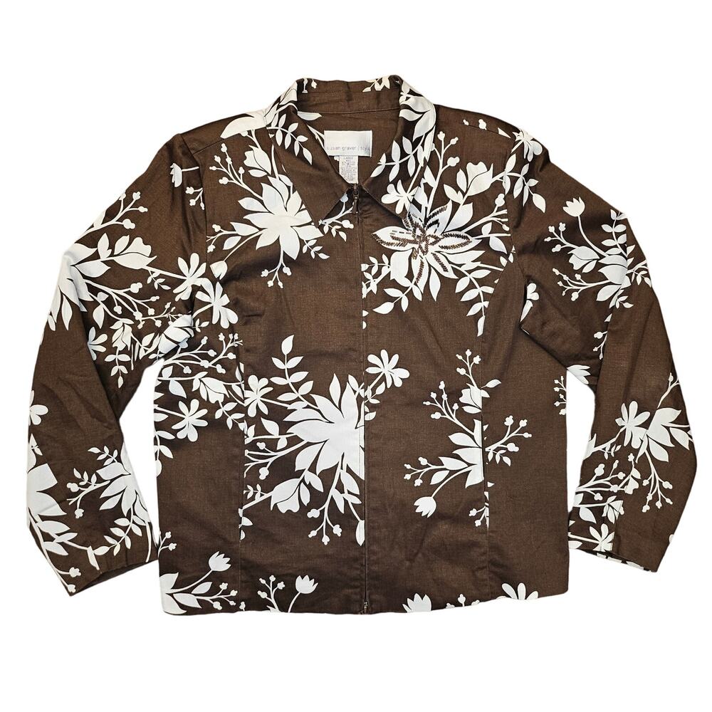 Susan Graver Floral Collar Zip Up Jacket Women Size L White Brown Beaded Flower